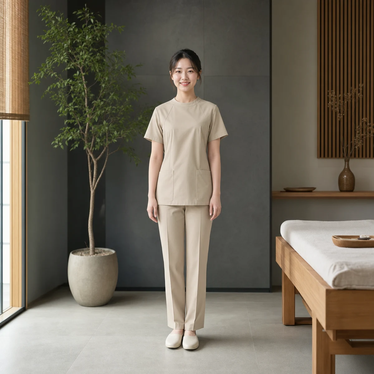 차콜과 베이지색 전문복을 단정하게 착용한 20대 한국인 여성 마사지사