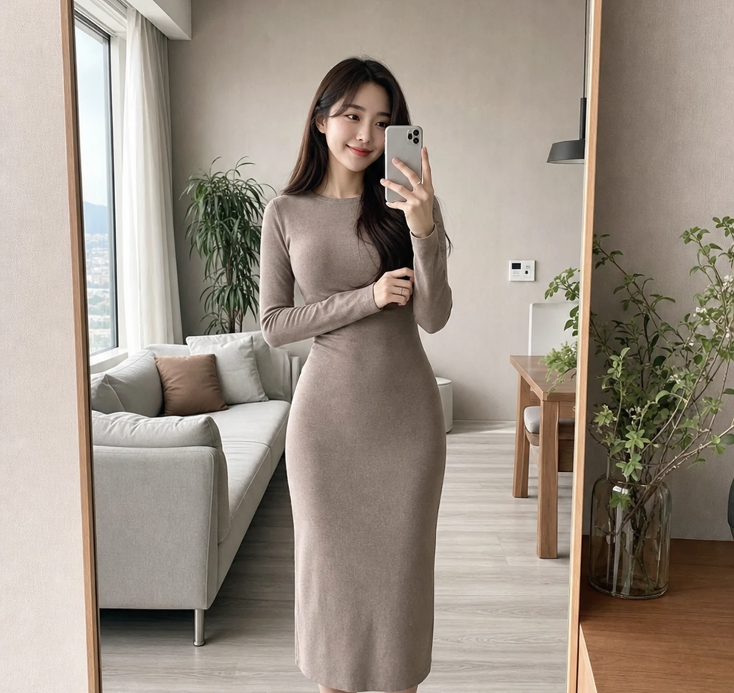 차콜색 실내 거울 앞에 단정한 원피스 차림으로 선 20대 한국인 여성